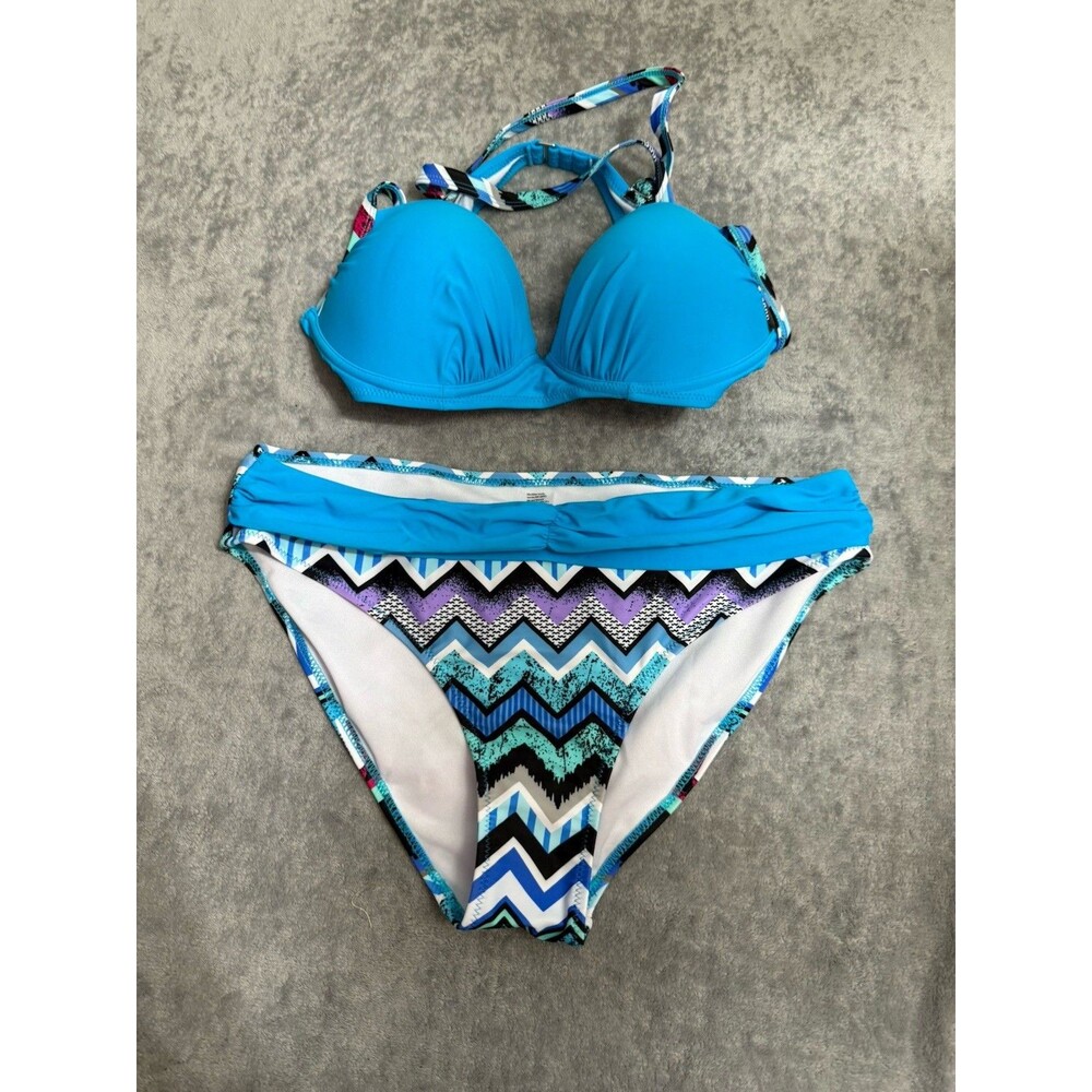 Women’s Bikini Swimsuit Set L Chevron Blue Pattern Padded Top Adjustable Straps